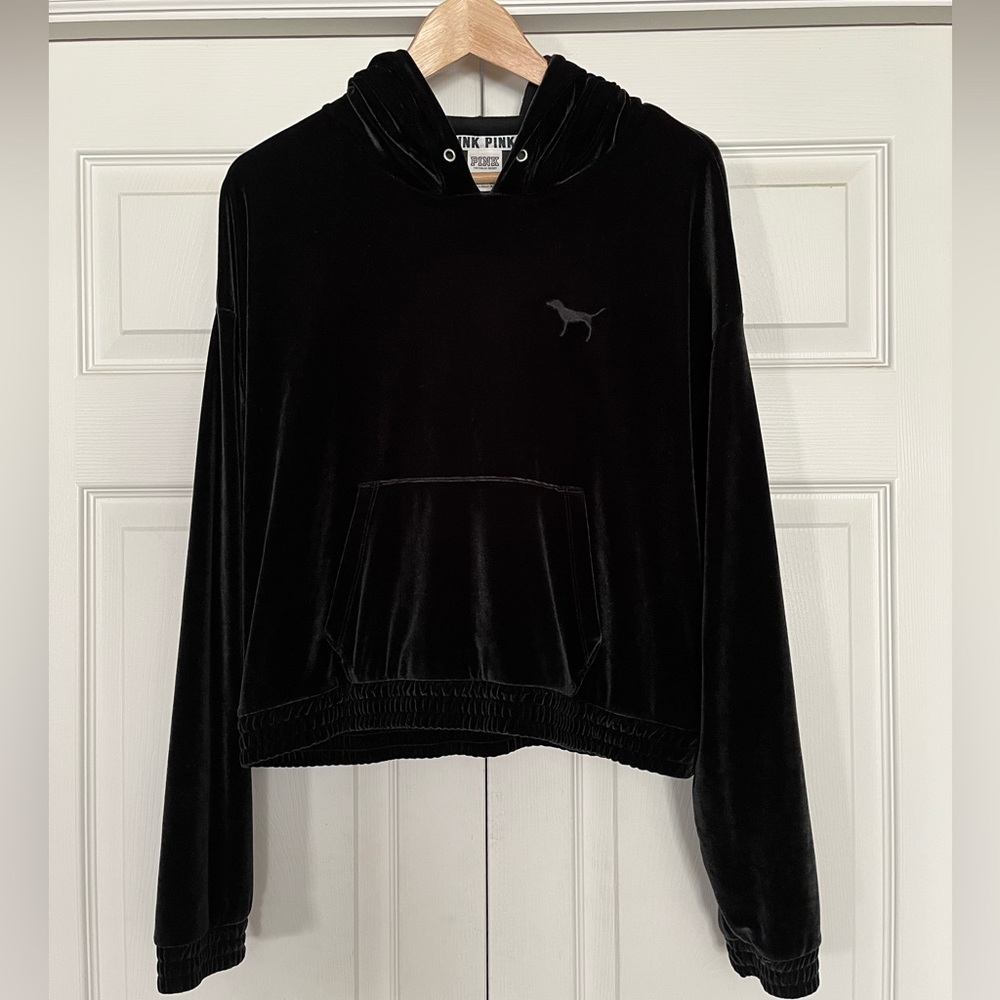 {PINK Victoria's Secret} Velour Cropped Hoodie in Black - Women's Large